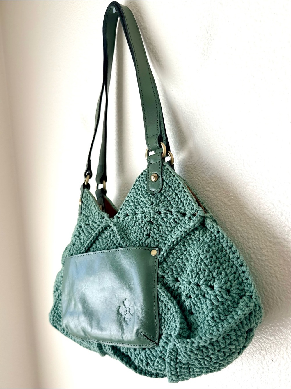 Patricia Nash Marti Diamond Crochet Shoulder Bag Sage Green Cotton | Leather - Picture 5 of 14